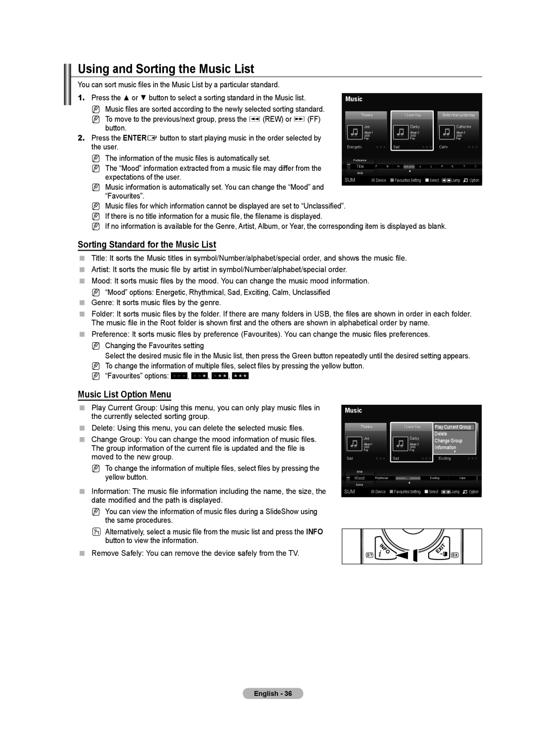 Samsung 9 Series user manual Using and Sorting the Music List, Sorting Standard for the Music List, Music List Option Menu 