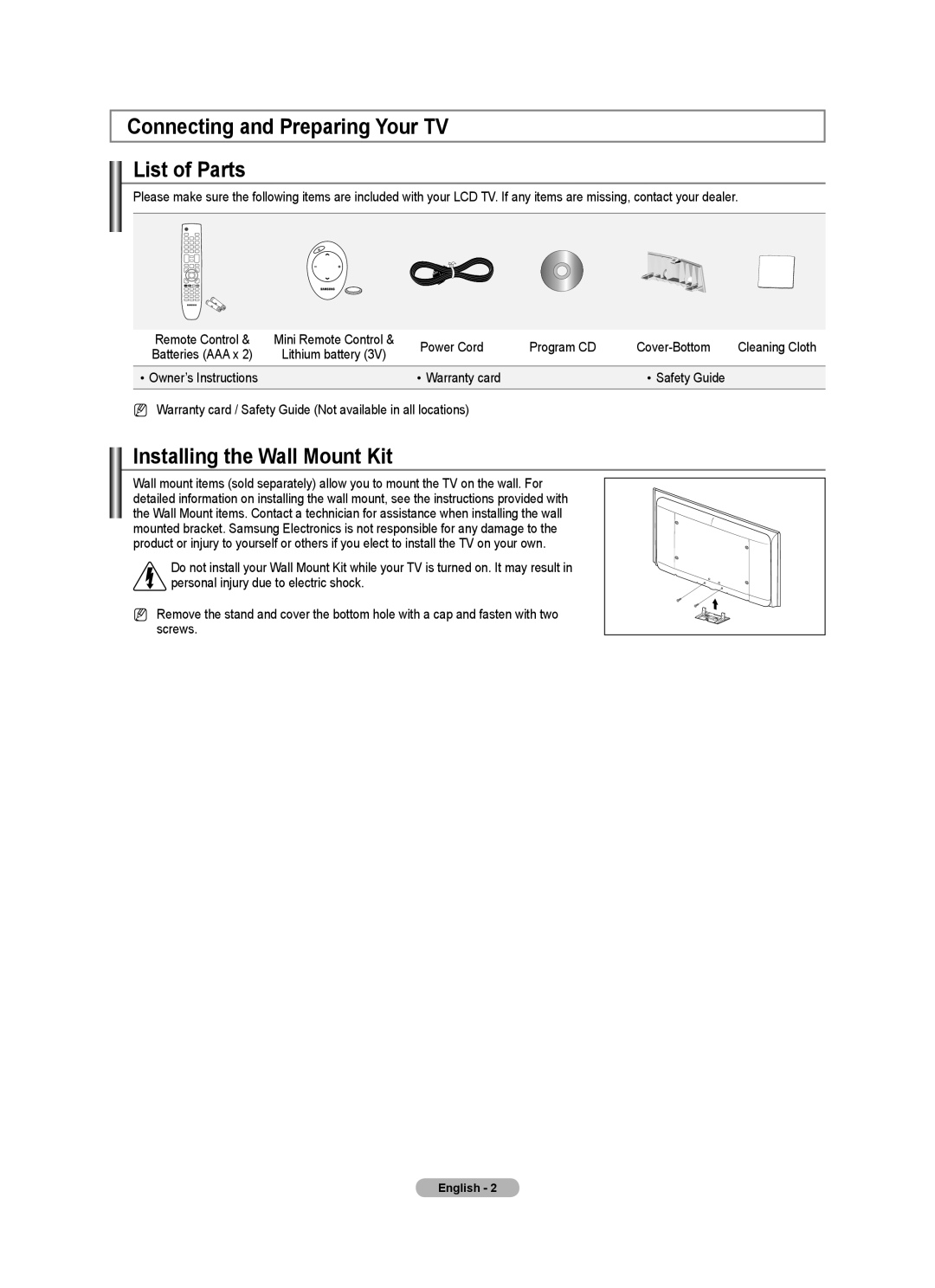 Samsung 9 Series user manual Connecting and Preparing Your TV List of Parts, Installing the Wall Mount Kit 