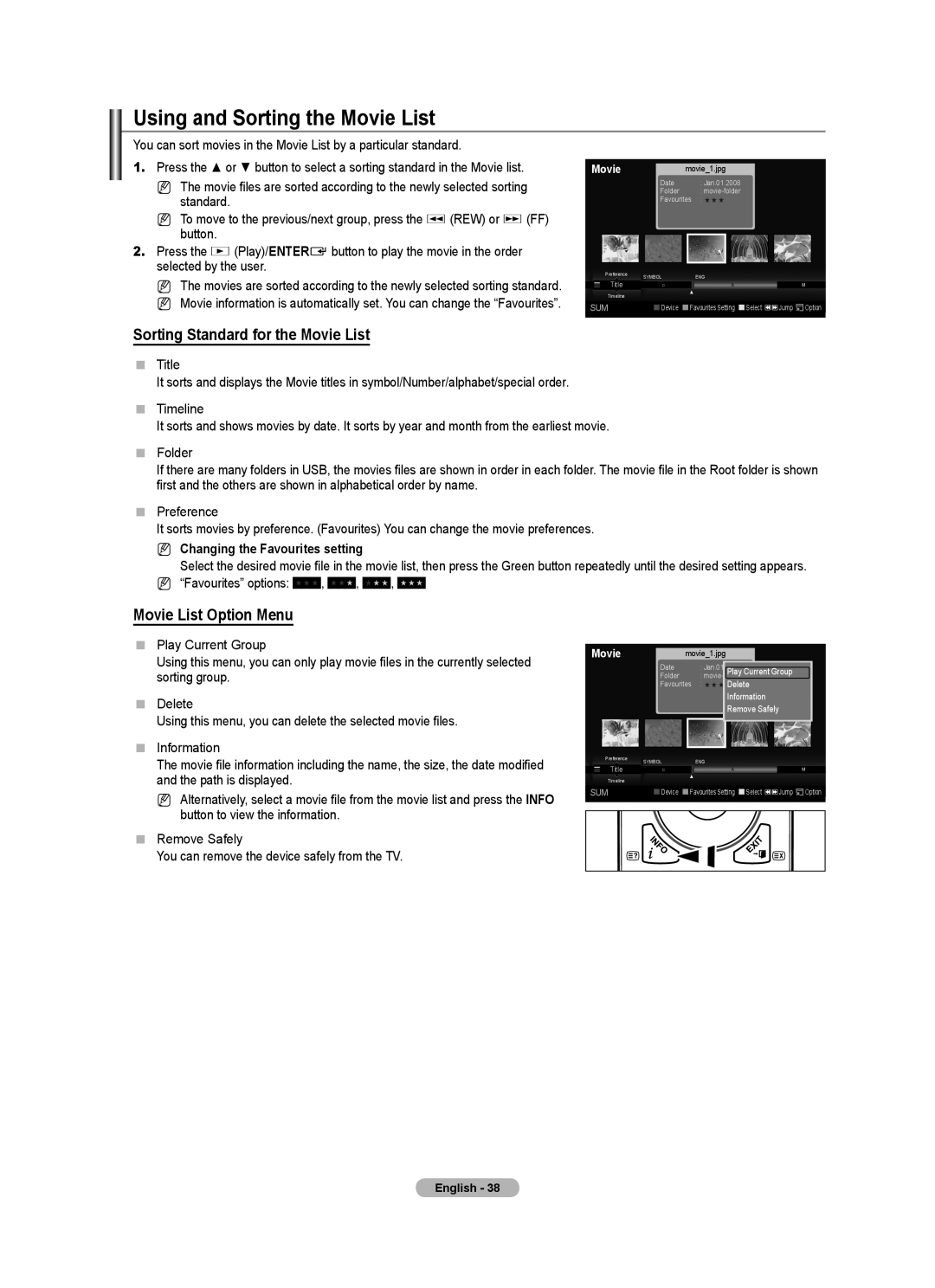 Samsung 9 Series user manual Using and Sorting the Movie List, Sorting Standard for the Movie List, Movie List Option Menu 