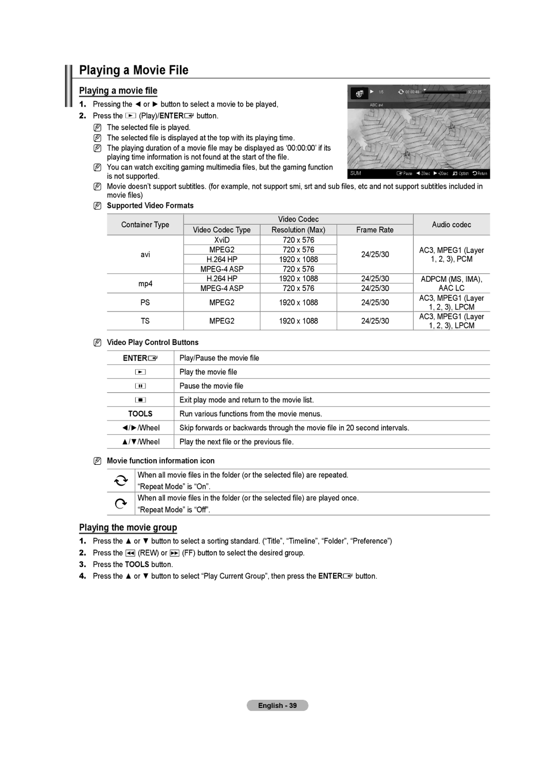 Samsung 9 Series user manual Playing a Movie File, Playing a movie file, Playing the movie group 