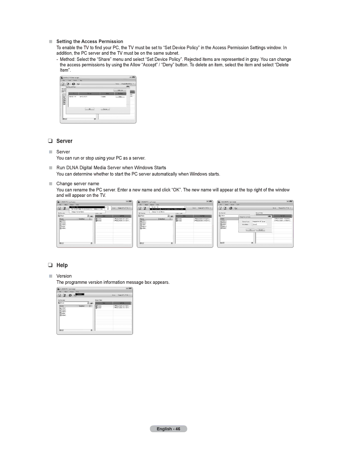 Samsung 9 Series user manual Server, Help,  Setting the Access Permission 