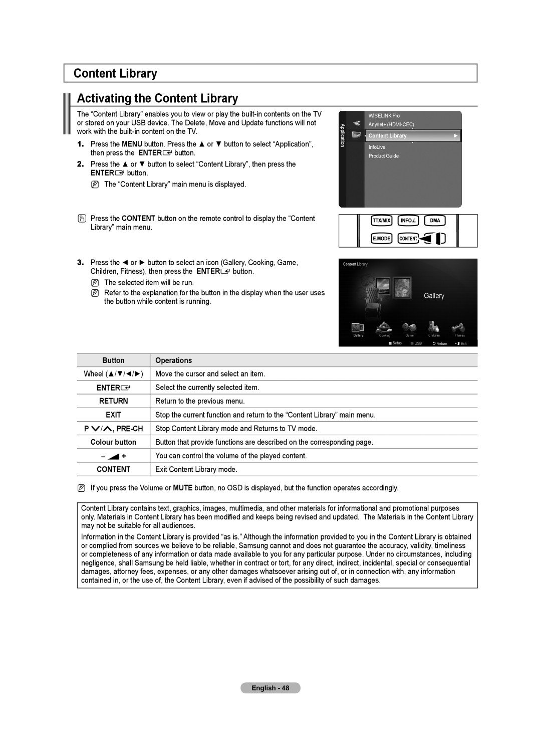 Samsung 9 Series Content Library Activating the Content Library, Pre-Ch, Stop Content Library mode and Returns to TV mode 