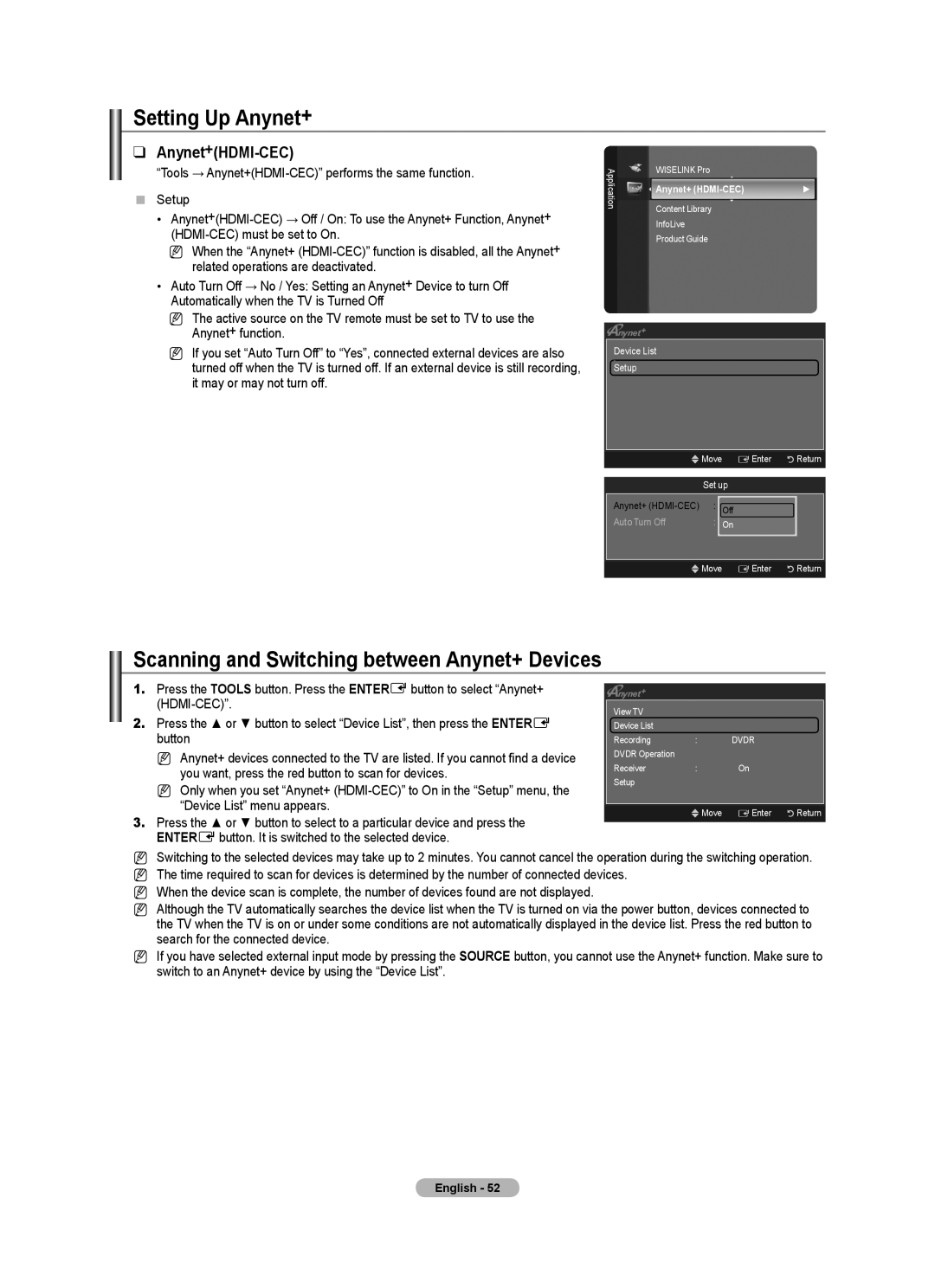 Samsung 9 Series Setting Up Anynet+, Scanning and Switching between Anynet+ Devices, Anynet+HDMI-CEC, Anynet+ HDMI-CEC 