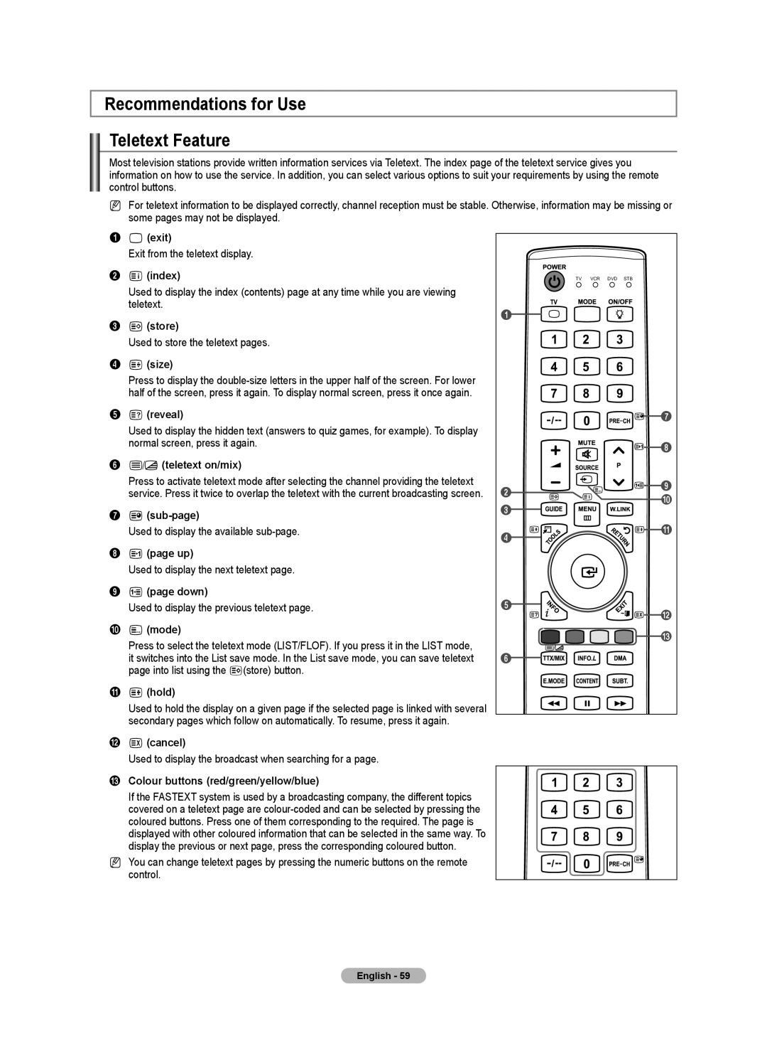 Samsung 9 Series user manual Recommendations for Use Teletext Feature 