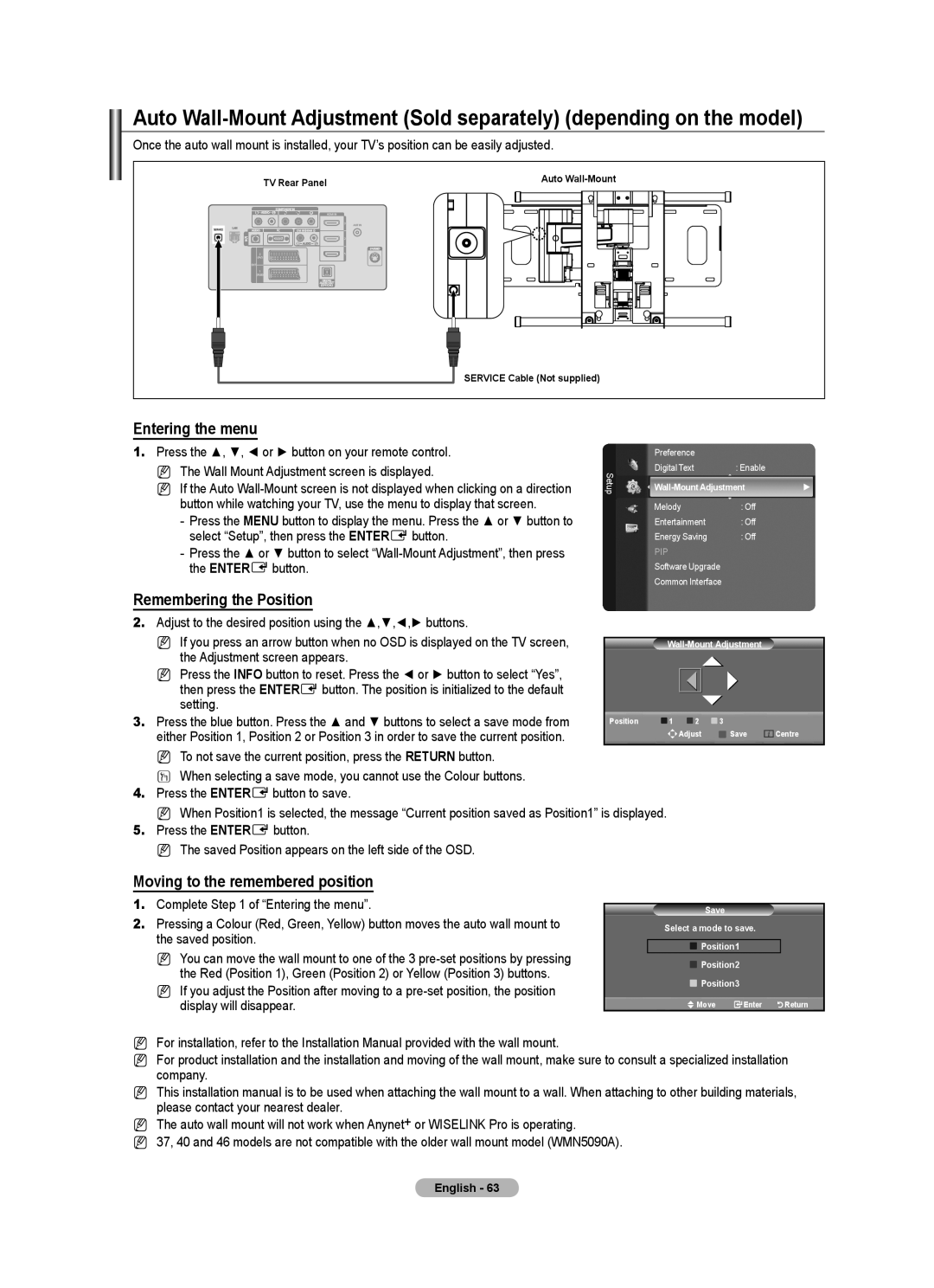 Samsung 9 Series user manual Entering the menu, Remembering the Position, Moving to the remembered position 