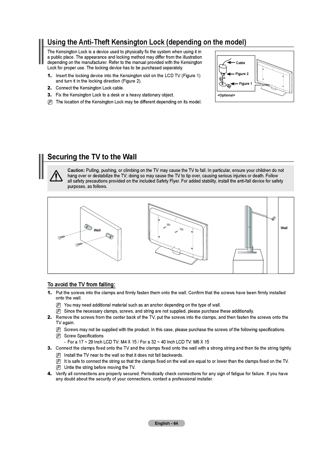 Samsung 9 Series user manual Using the Anti-Theft Kensington Lock depending on the model, Securing the TV to the Wall 