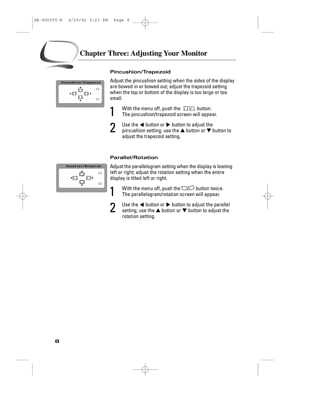 Samsung 900IFT manual Adjust the trapezoid setting, Rotation setting, Pincushion/Trapezoid, Parallel/Rotation 