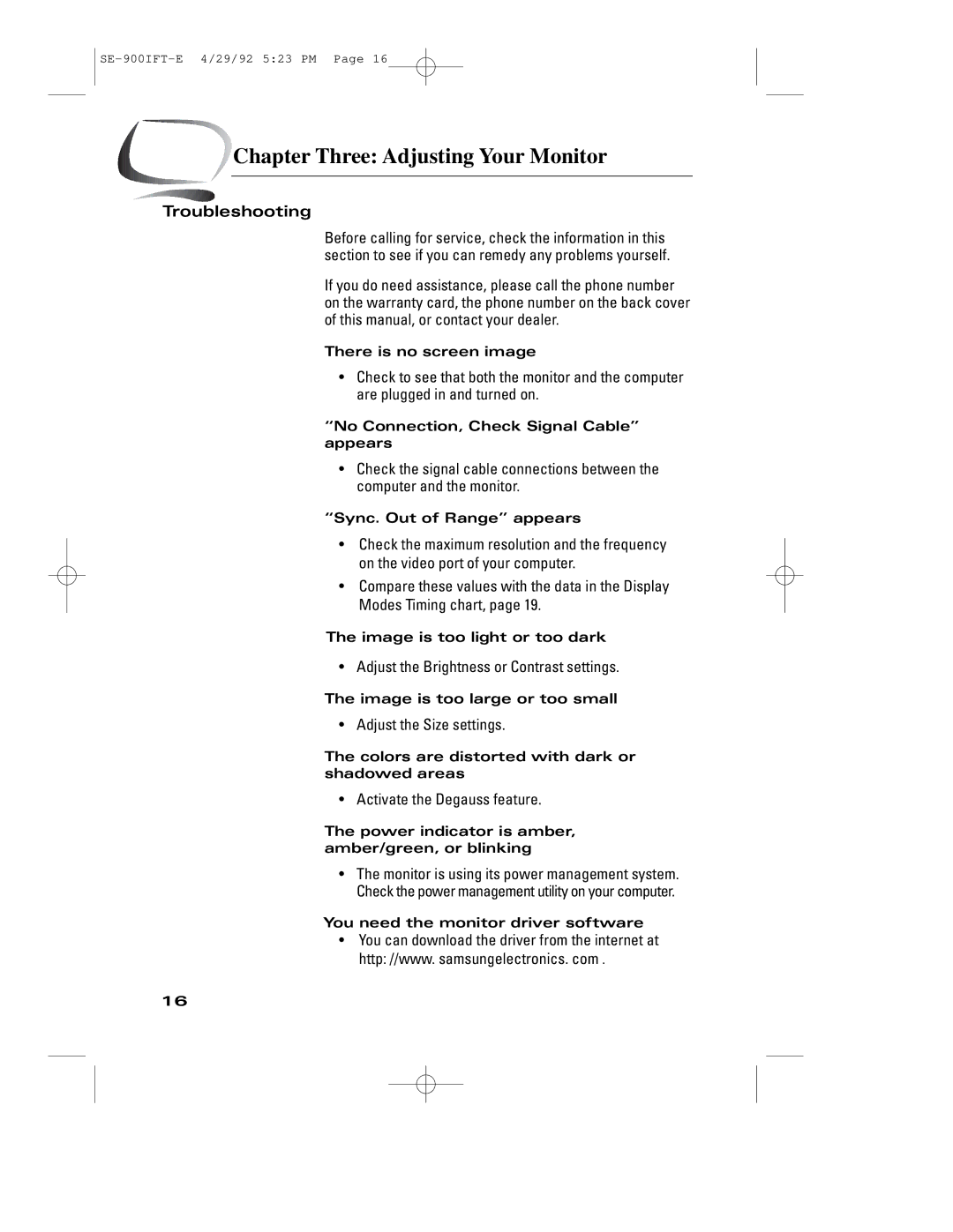 Samsung 900IFT manual Troubleshooting, Adjust the Brightness or Contrast settings, Adjust the Size settings 