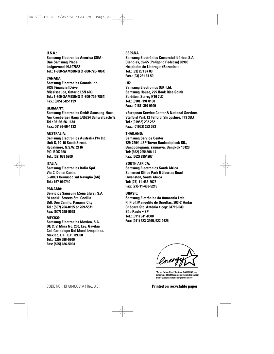 Samsung 900IFT manual Code NO. BH68-00031A Rev 