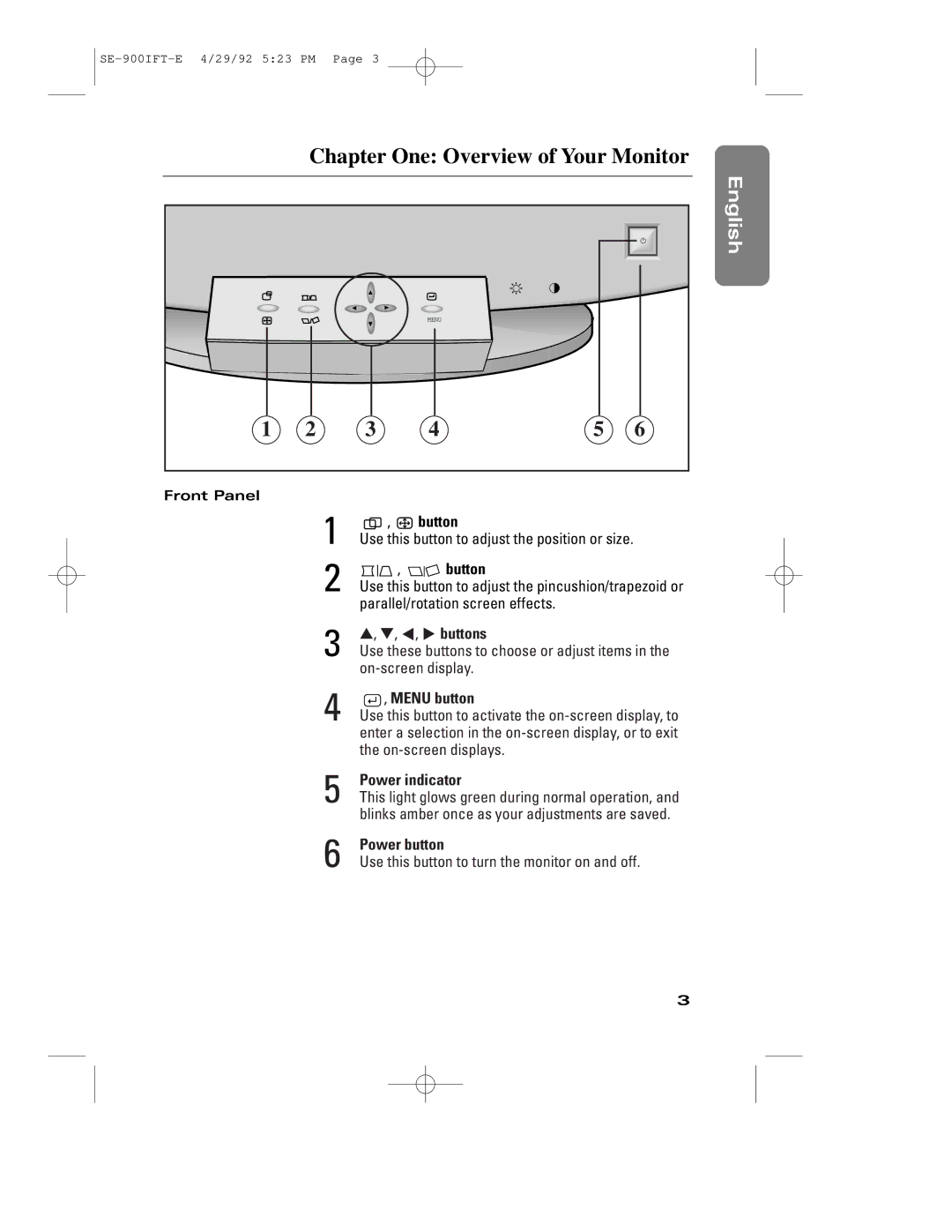 Samsung 900IFT manual Chapter One Overview of Your Monitor, Button, Menu button, Power indicator, Power button 