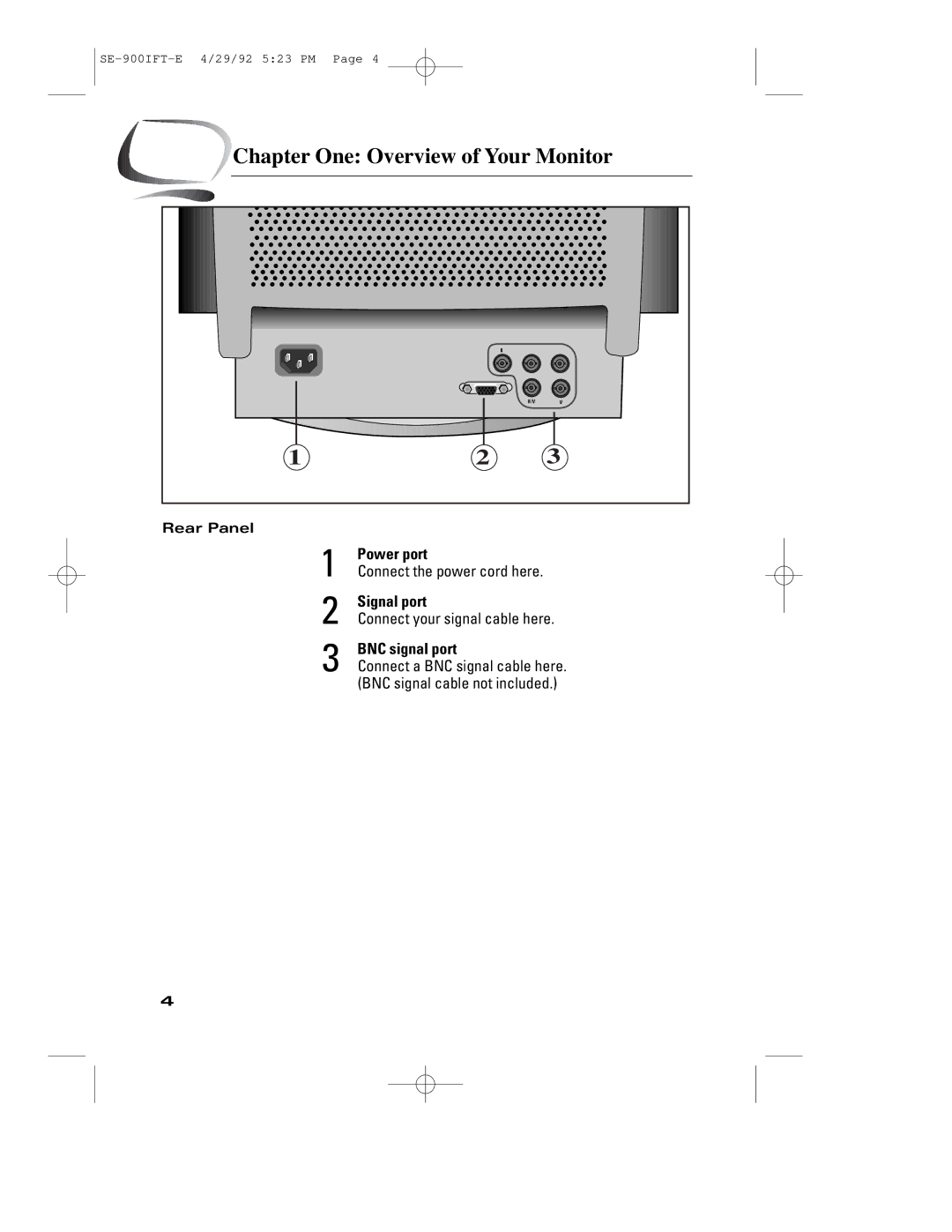 Samsung 900IFT manual Power port, Connect the power cord here, Signal port, Connect your signal cable here, BNC signal port 