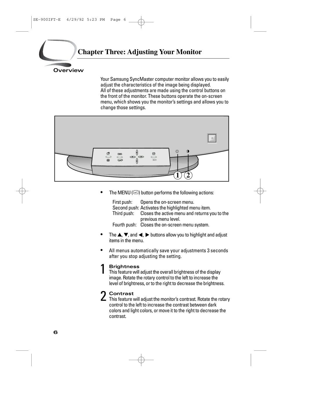 Samsung 900IFT Chapter Three Adjusting Your Monitor, Overview, Menu, Previous menu level, Closes the on-screen menu system 