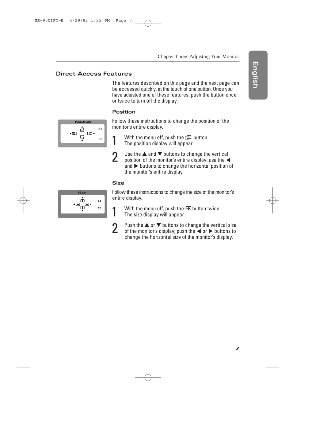 Samsung 900IFT Direct-Access Features, Button twice, Change the horizontal size of the monitor’s display, Position, Size 