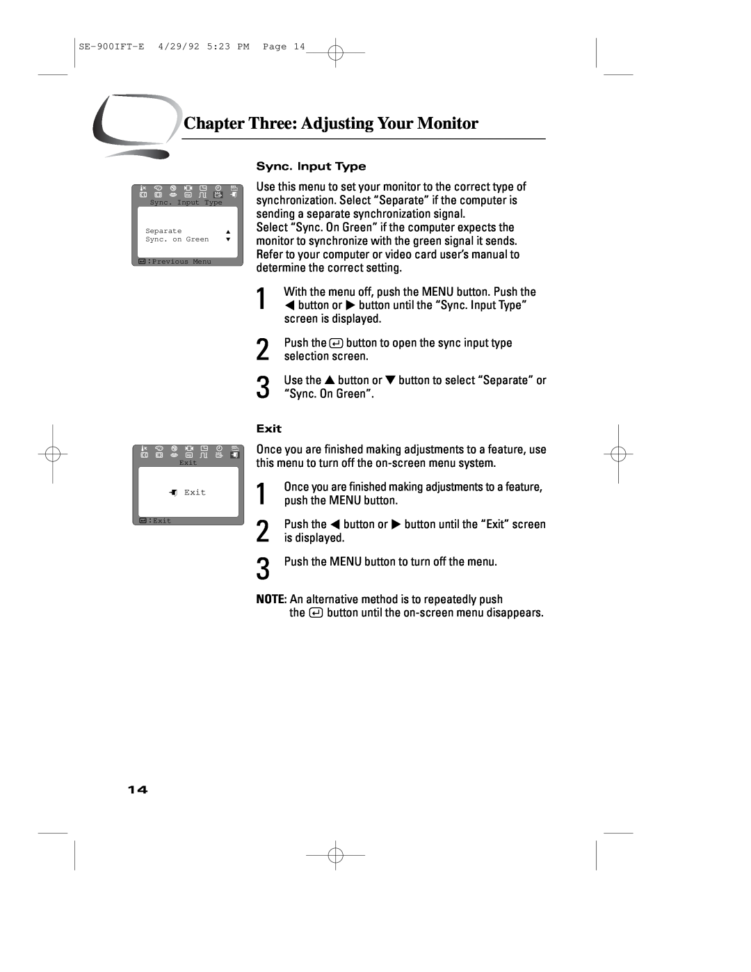 Samsung 900IFT manual Chapter Three Adjusting Your Monitor, Sync. Input Type, Exit 