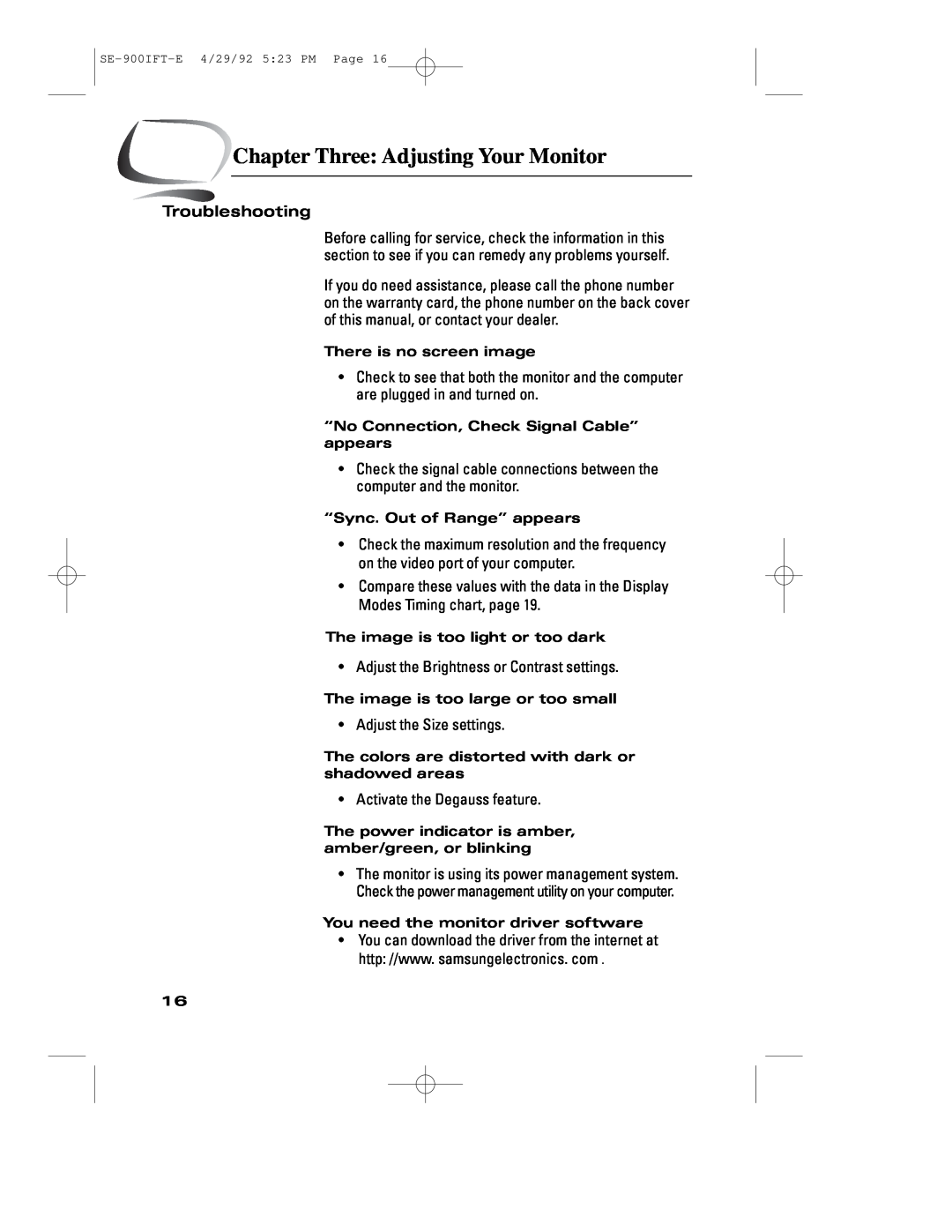 Samsung 900IFT manual Troubleshooting, Chapter Three Adjusting Your Monitor 