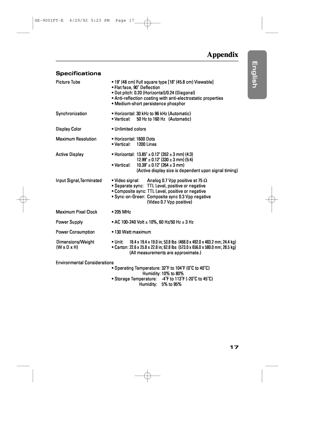 Samsung 900IFT manual Appendix, Specifications, English EnglishFrançais Español Deutsch Português Italiano 