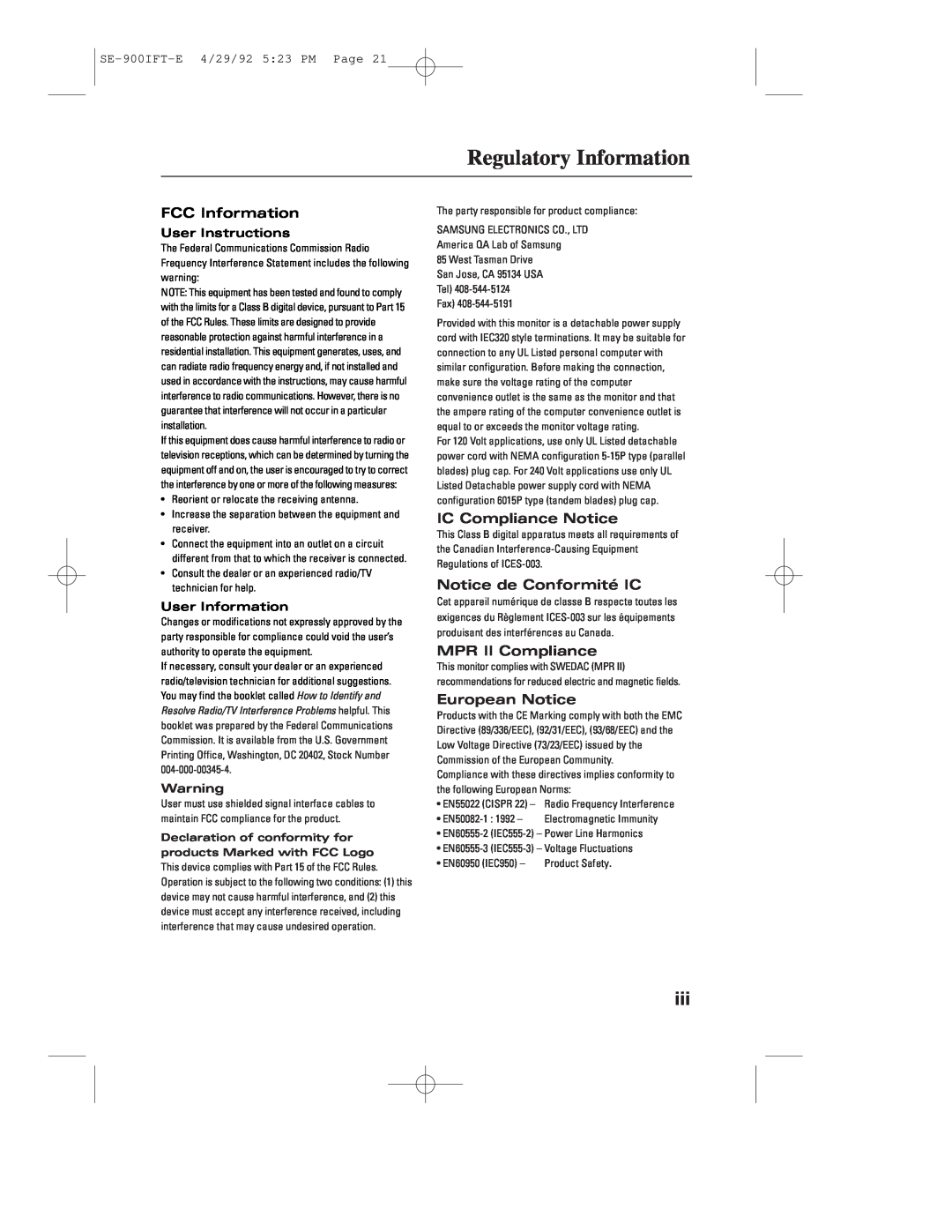 Samsung 900IFT Regulatory Information, FCC Information, IC Compliance Notice, Notice de Conformité IC, MPR II Compliance 