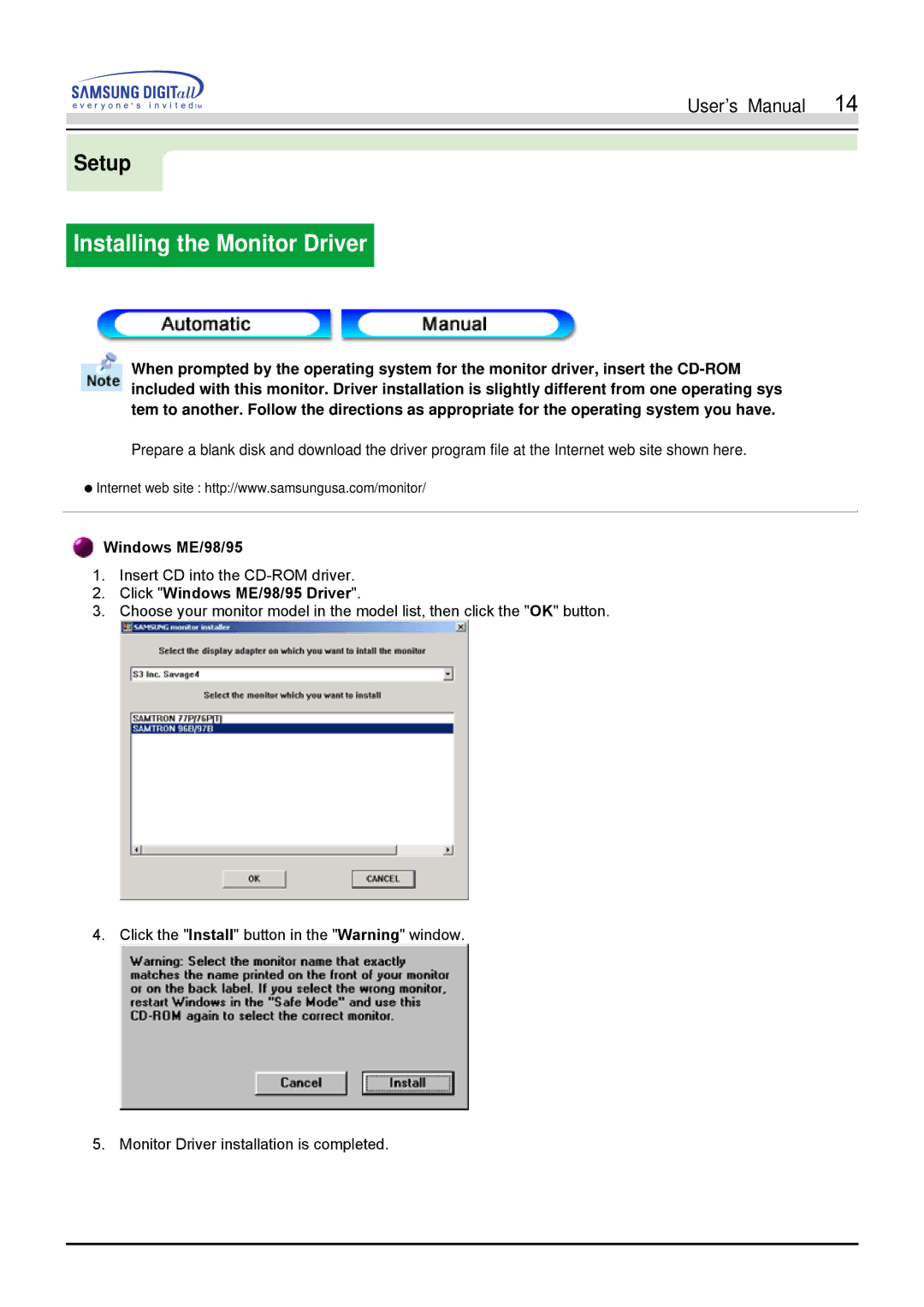 Samsung 900S manual Installing the Monitor Driver, Click Windows ME/98/95 Driver 