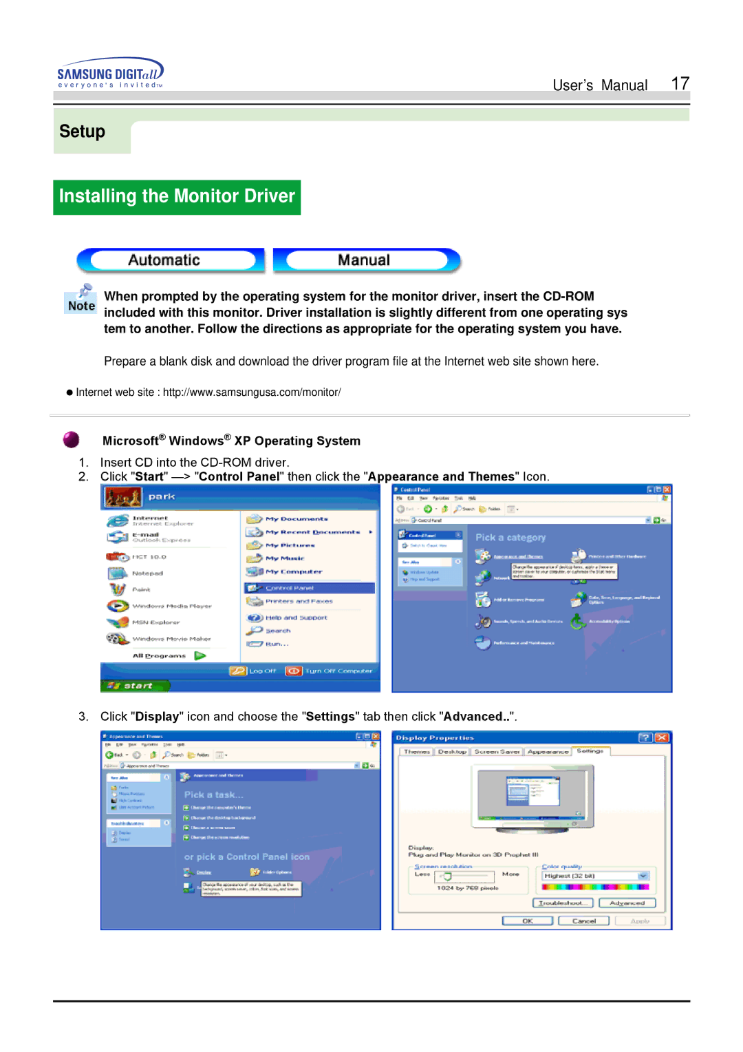 Samsung 900S manual Installing the Monitor Driver, Microsoft Windows XP Operating System 