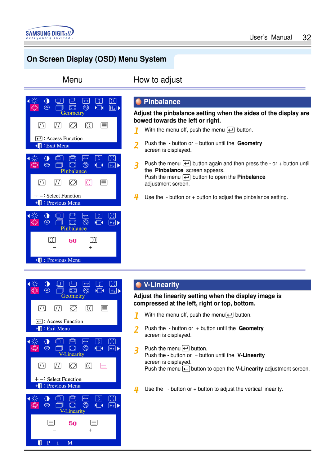 Samsung 900S manual Pinbalance, Linearity 