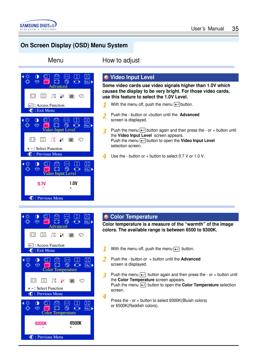 Samsung 900S manual Video Input Level, Color Temperature 