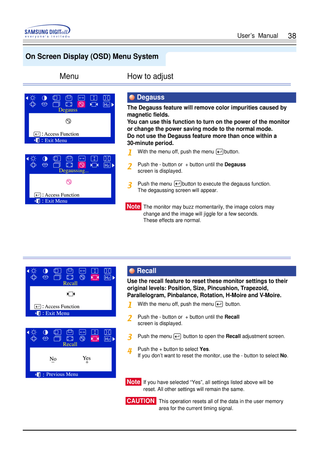 Samsung 900S manual Degauss, Recall 