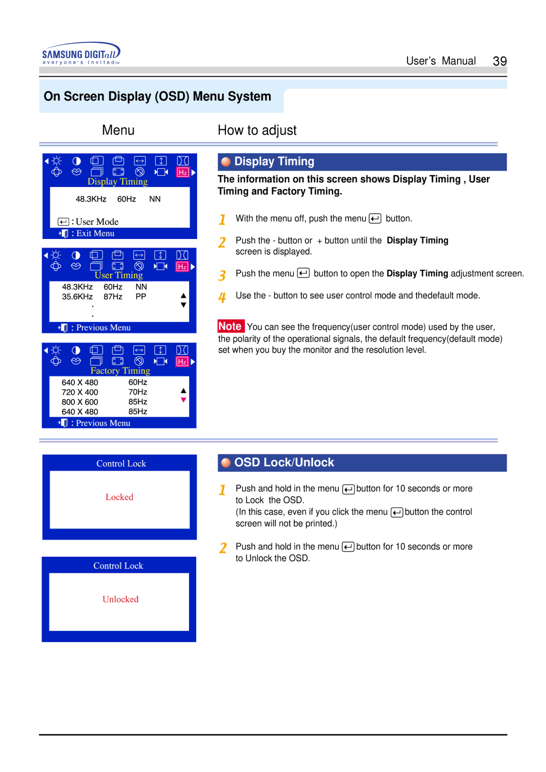 Samsung 900S manual Display Timing, OSD Lock/Unlock 