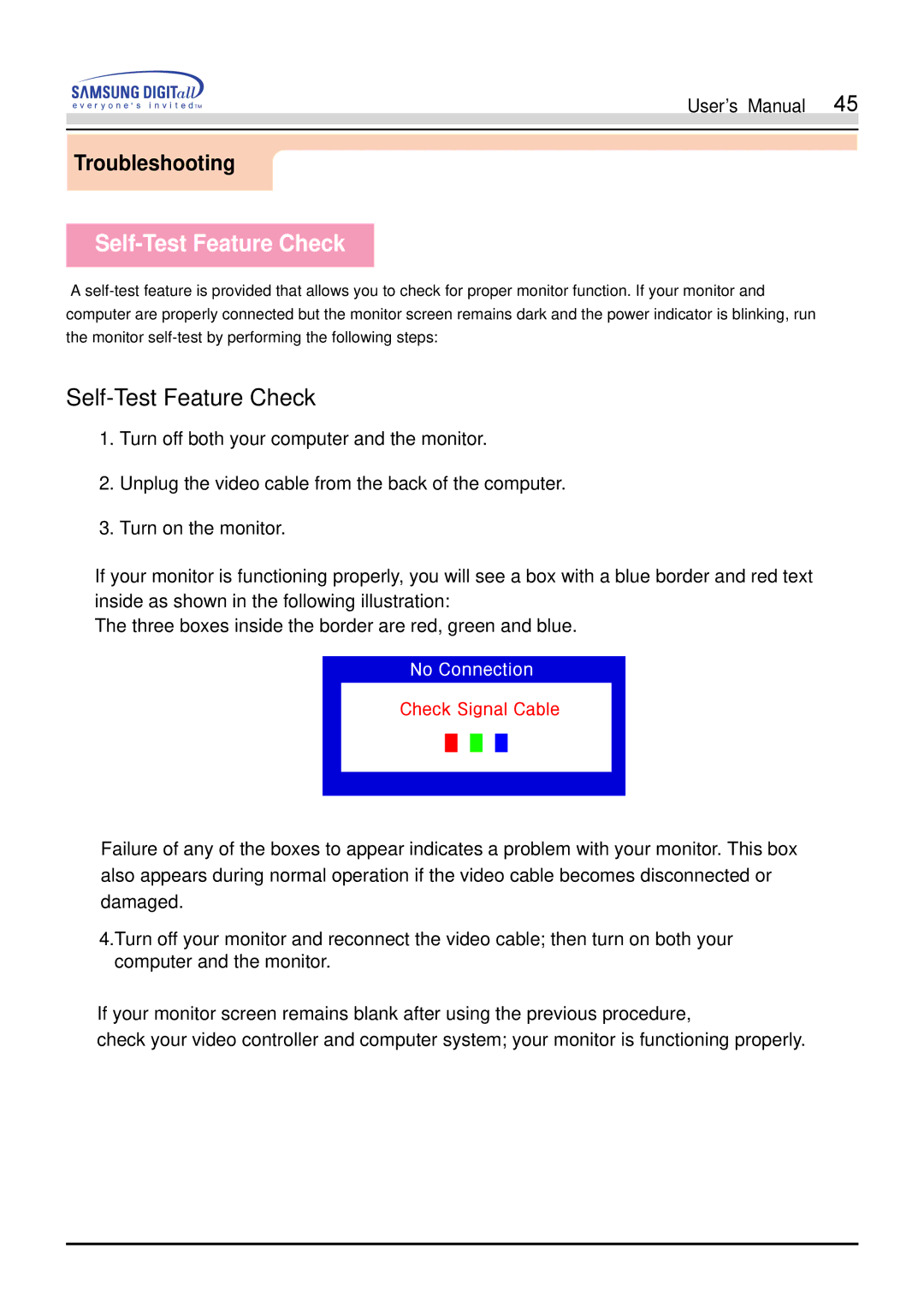 Samsung 900S manual Self-Test Feature Check 