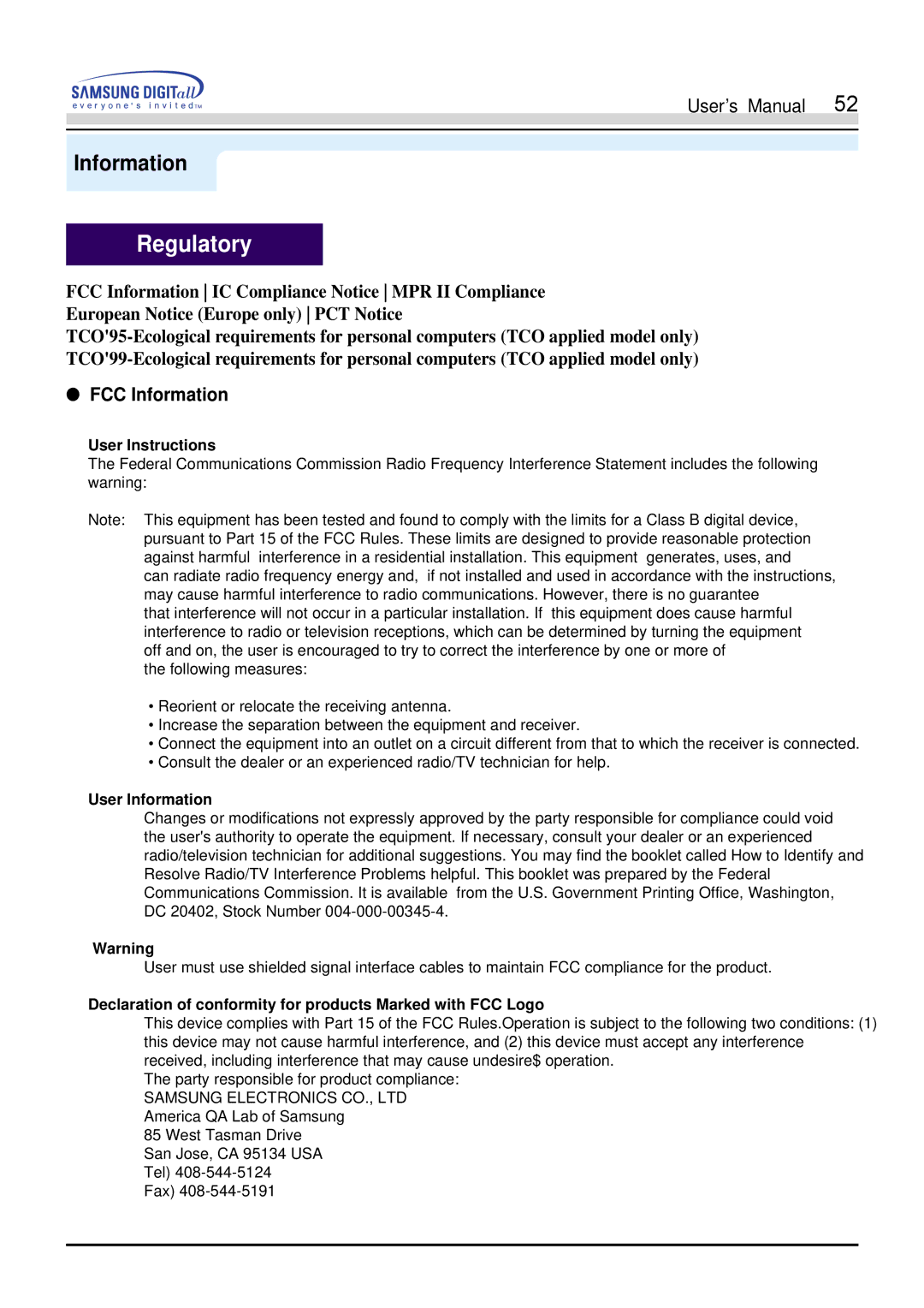 Samsung 900S manual Regulatory, FCC Information, User Instructions, User Information 