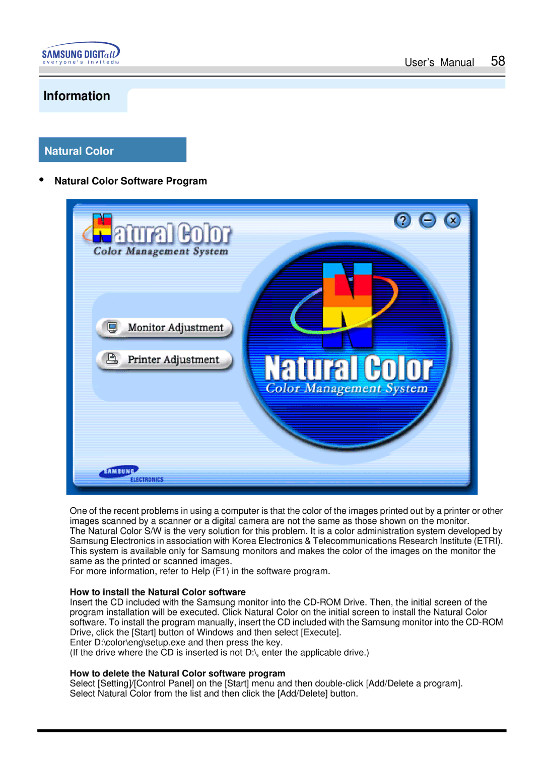 Samsung 900S manual How to install the Natural Color software, How to delete the Natural Color software program 