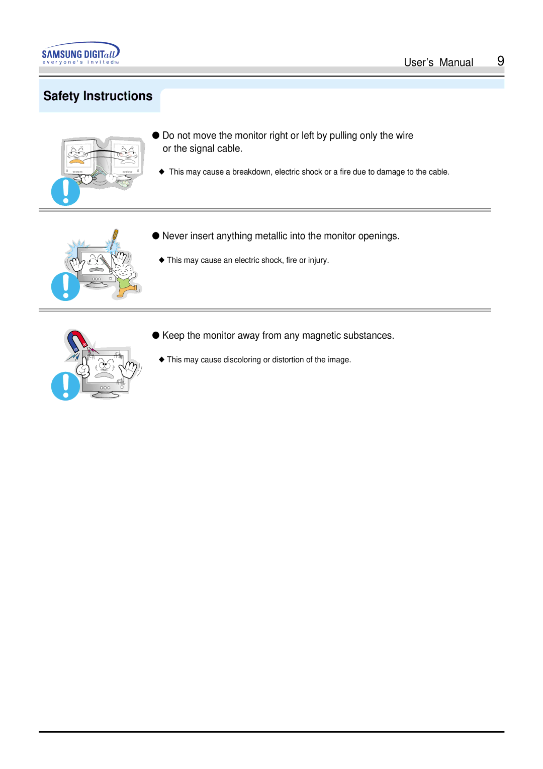 Samsung 900S manual Never insert anything metallic into the monitor openings 