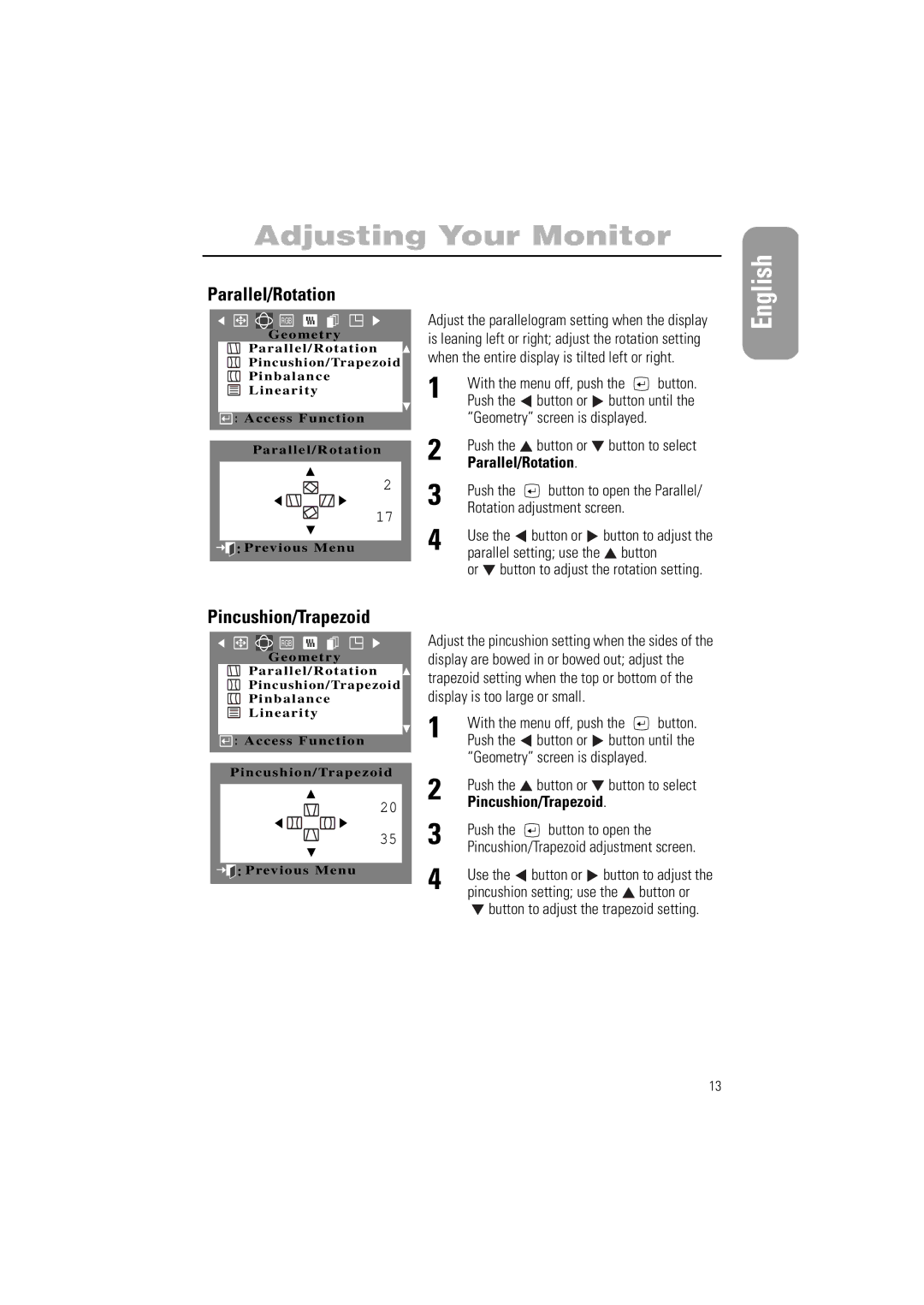 Samsung 900SL, 900SL Plus manual Parallel/Rotation, Pincushion/Trapezoid 