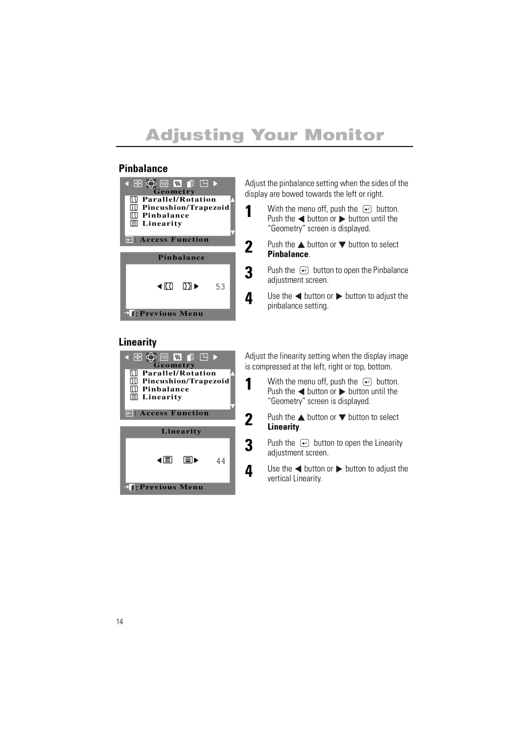 Samsung 900SL, 900SL Plus manual Pinbalance, Linearity 