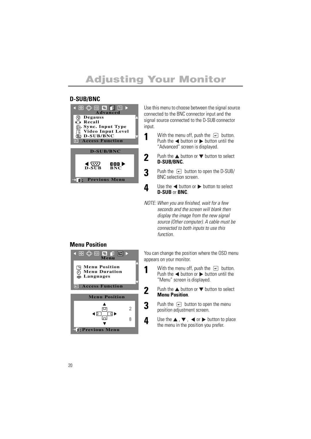 Samsung 900SL, 900SL Plus manual Menu Position, SUB or BNC, Menu screen is displayed, Position adjustment screen Use 