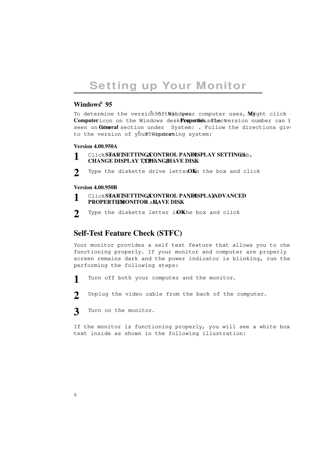 Samsung 900SL, 900SL Plus manual Self-Test Feature Check Stfc, Windows, Version 4.00.950A, Version 4.00.950B 