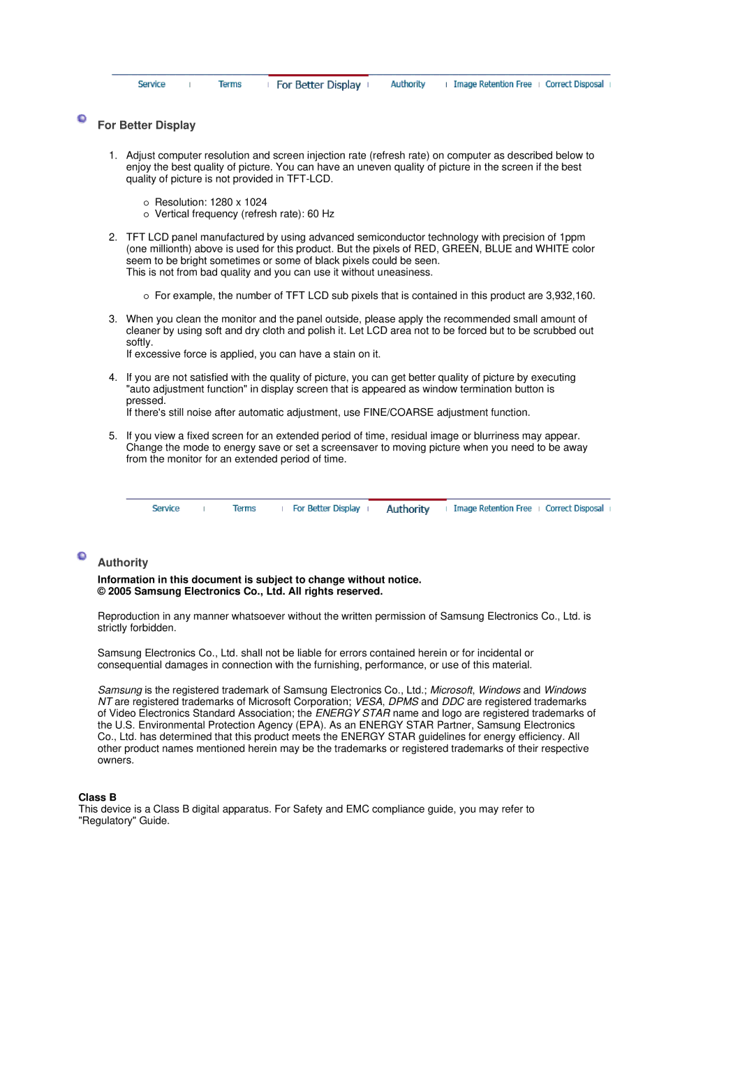 Samsung 901B manual For Better Display, Authority 