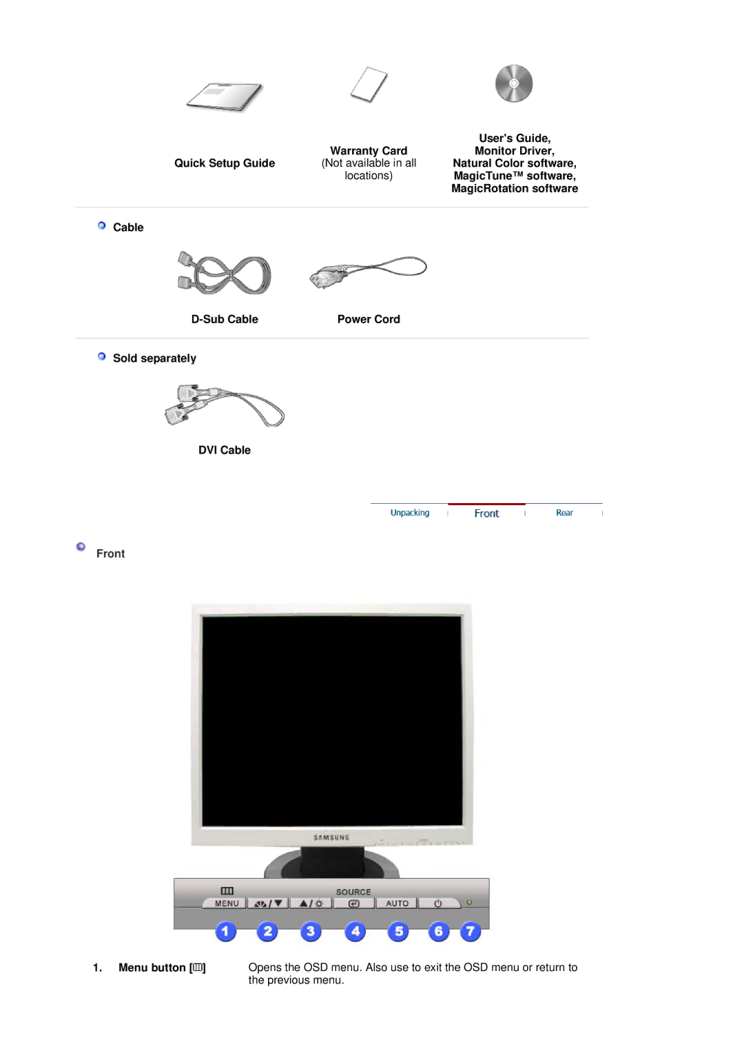 Samsung 901B manual Users Guide, Cable Sub Cable Power Cord Sold separately DVI Cable 