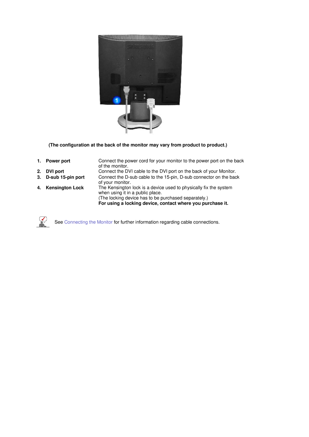 Samsung 901B manual Monitor, For using a locking device, contact where you purchase it 