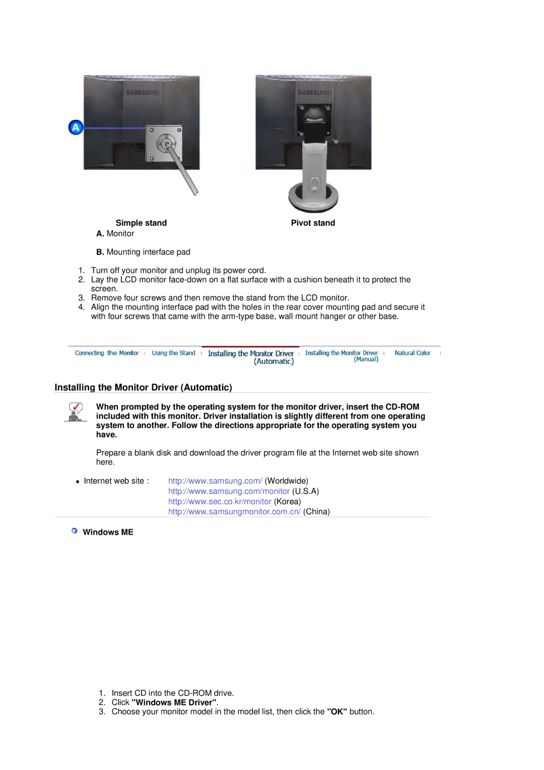 Samsung 901B manual Simple stand Pivot stand, Click Windows ME Driver 