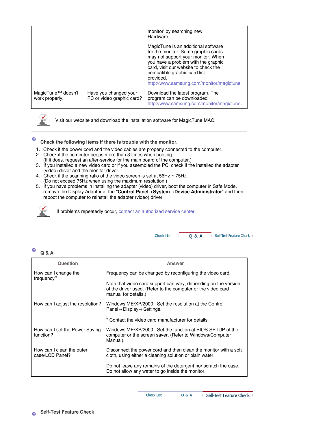 Samsung 901B manual Answer, Self-Test Feature Check 