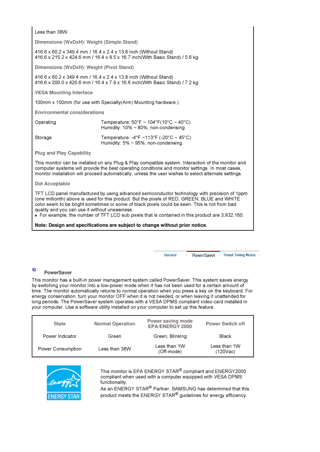 Samsung 901B manual Dimensions WxDxH/ Weight Simple Stand, PowerSaver 