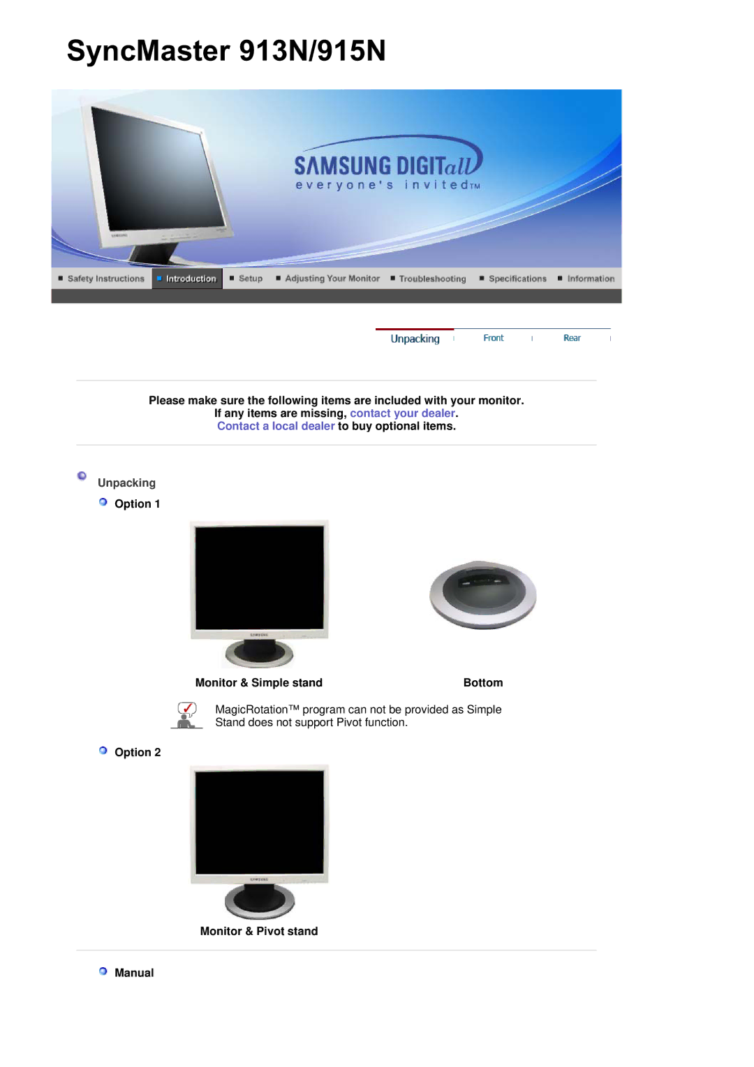 Samsung 901B manual Unpacking, Option Monitor & Simple stand Bottom, Option Monitor & Pivot stand Manual 