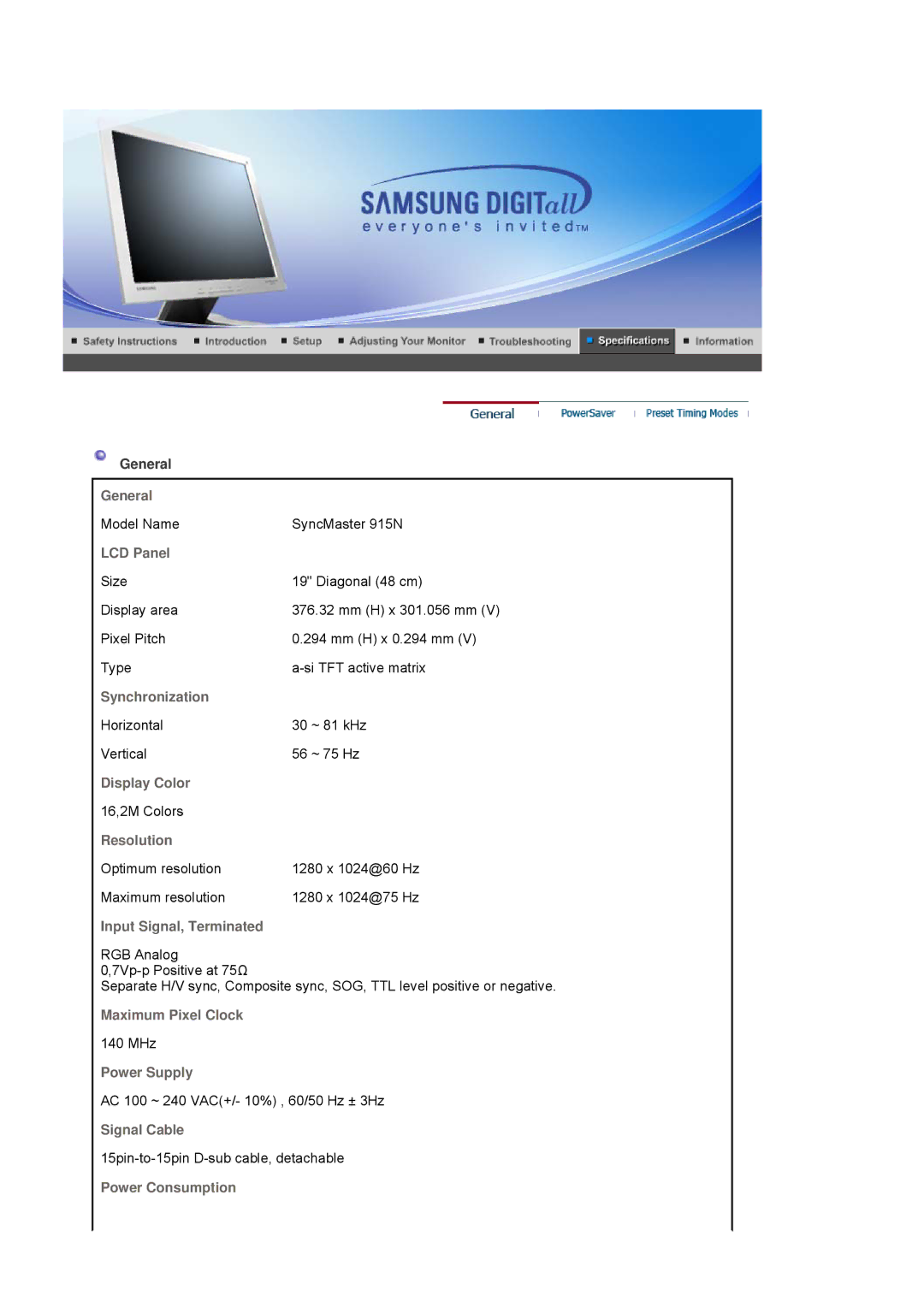 Samsung 901B manual Model Name SyncMaster 915N 