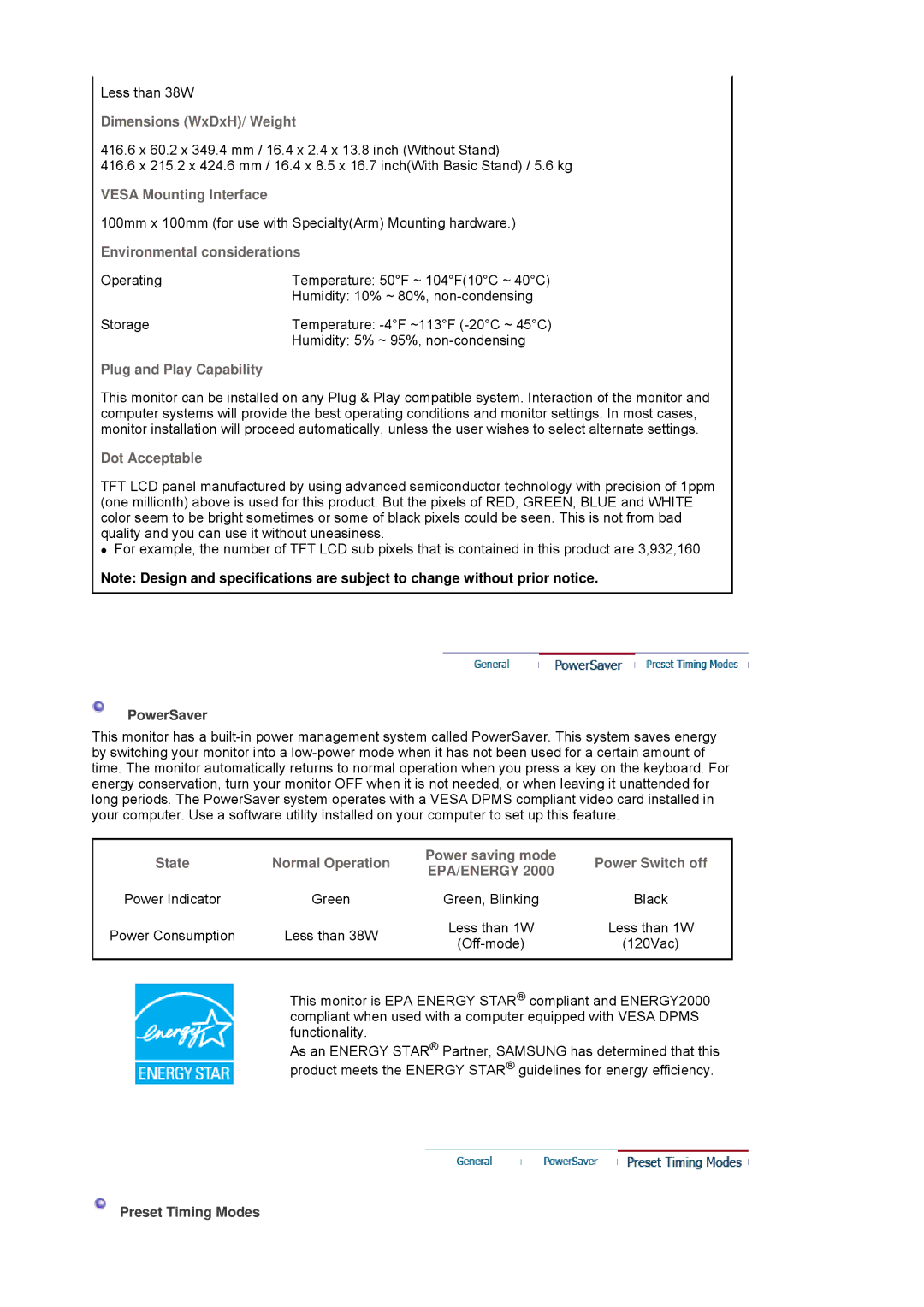 Samsung 901B manual Dimensions WxDxH/ Weight 