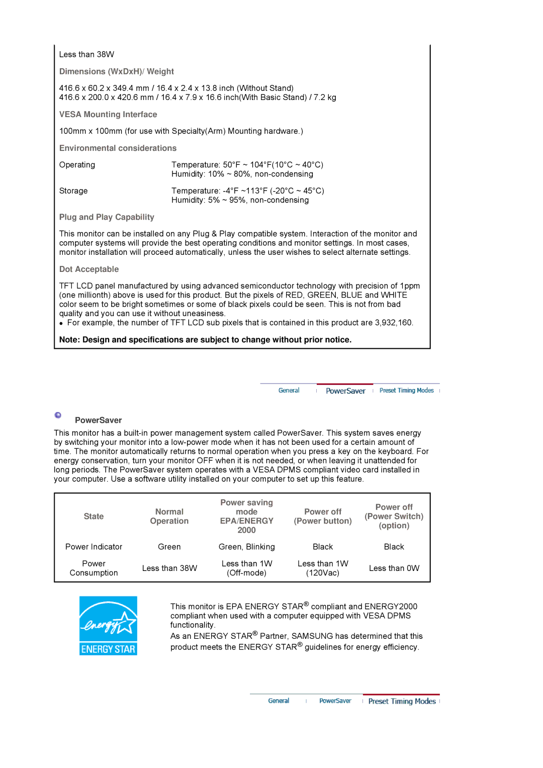 Samsung 901B manual Power saving Power off Normal Mode State 