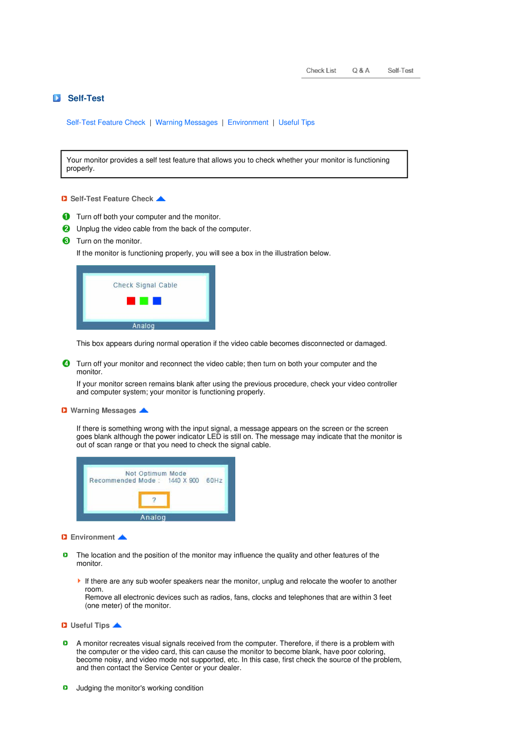 Samsung 906BW manual Self-Test Feature Check, Environment, Useful Tips 