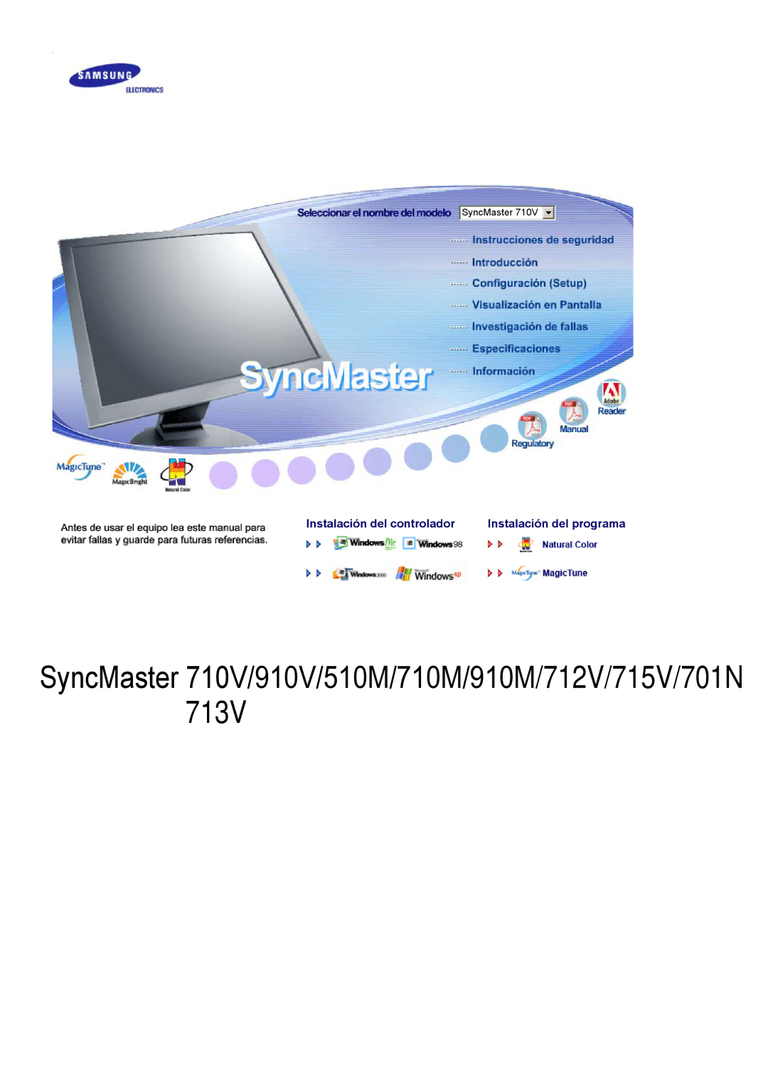 Samsung 713V manual SyncMaster 710V/910V/510M/710M/910M/712V/715V/701N 