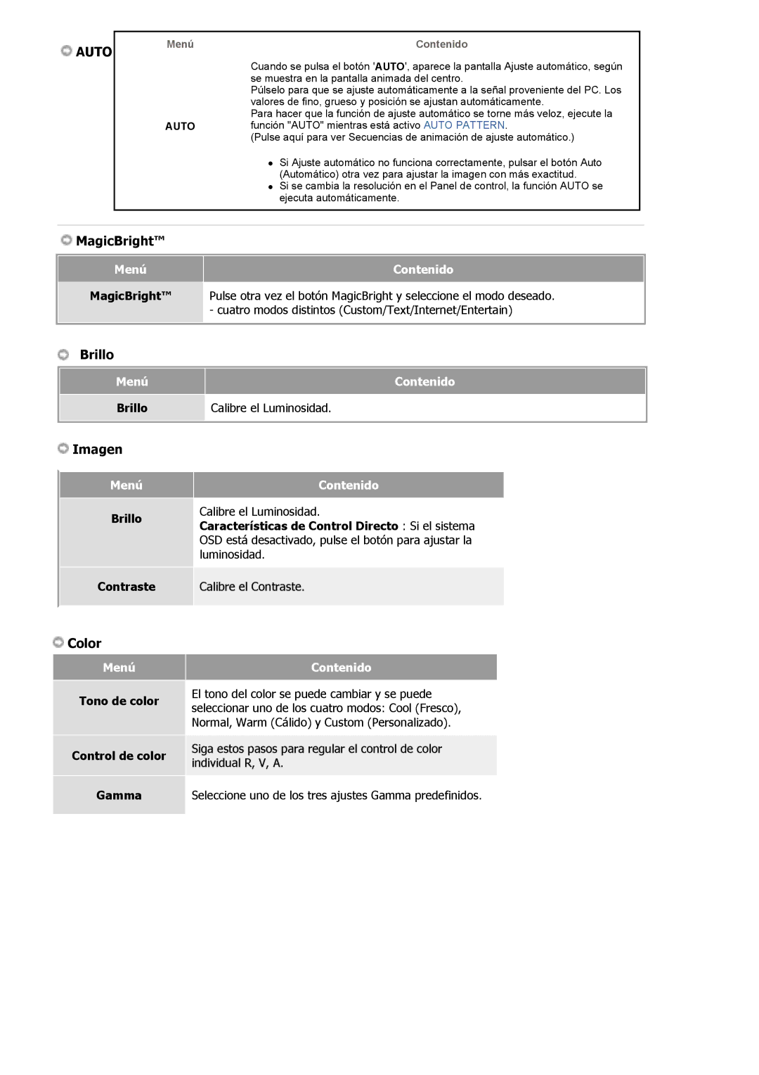 Samsung 712V, 910V, 910M, 710M, 510M, 715V, 713V manual Brillo Contraste, Tono de color Control de color Gamma 
