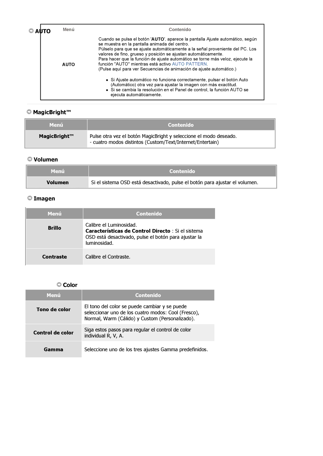 Samsung 713V, 910V, 910M, 710M, 712V, 510M, 715V manual Volumen, Brillo Contraste 