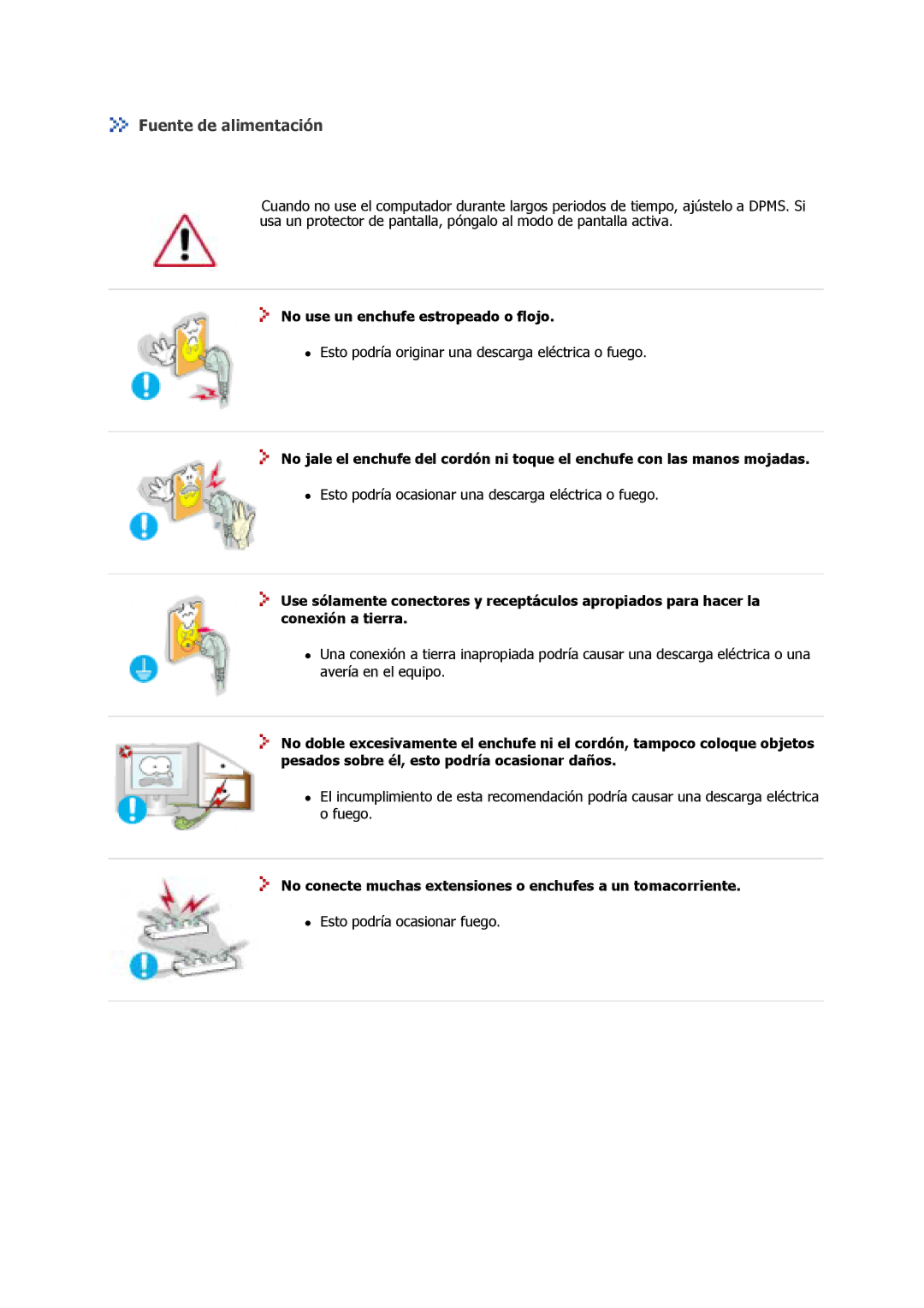 Samsung 712V, 910V, 910M, 710M, 510M, 715V, 713V manual Fuente de alimentación, No use un enchufe estropeado o flojo 